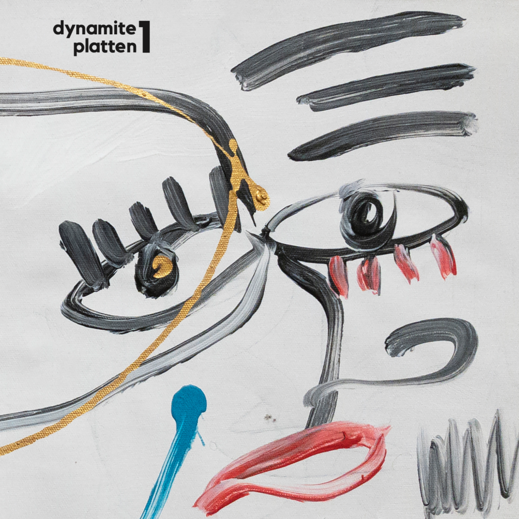 Schallplatten-Cover mit abstraktem Gesicht und Text "Dynamite platten 1"