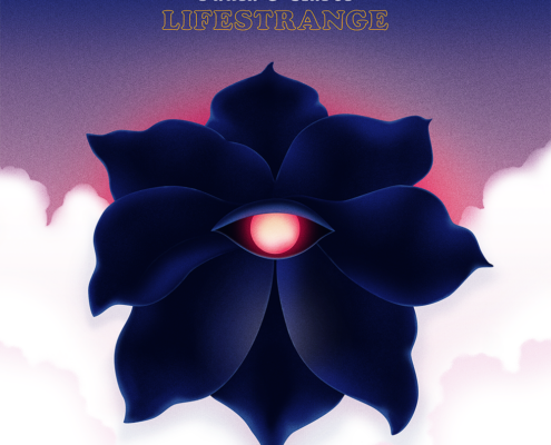 Album-Cover mit Text Paula & Karol Lifestrange in rundlicher Schrift. Dunkelblaue Blüte mit rotem Auge in der Mitte.