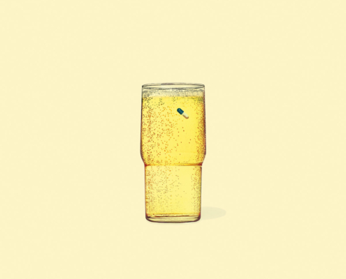 Platten-Cover: Zeichnung eines hohen Glases mit einer gelben Flüssigkeit mit Kohlensäure und darin schwimmend einer zweifarbigen Pille
