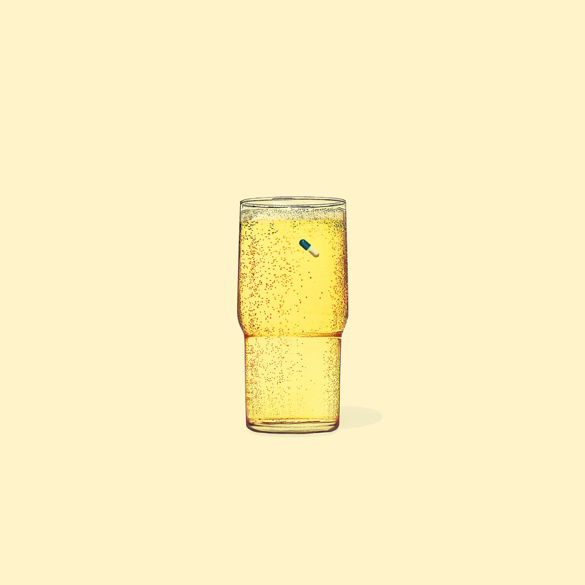 Platten-Cover: Zeichnung eines hohen Glases mit einer gelben Flüssigkeit mit Kohlensäure und darin schwimmend einer zweifarbigen Pille
