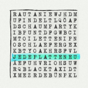 Album-Cover gefüllt mit Schreibmaschinenbuchstaben wie bei einem Wort-Such-Rätsel, die Worte Jede Platte neu aneinandergereiht markiert